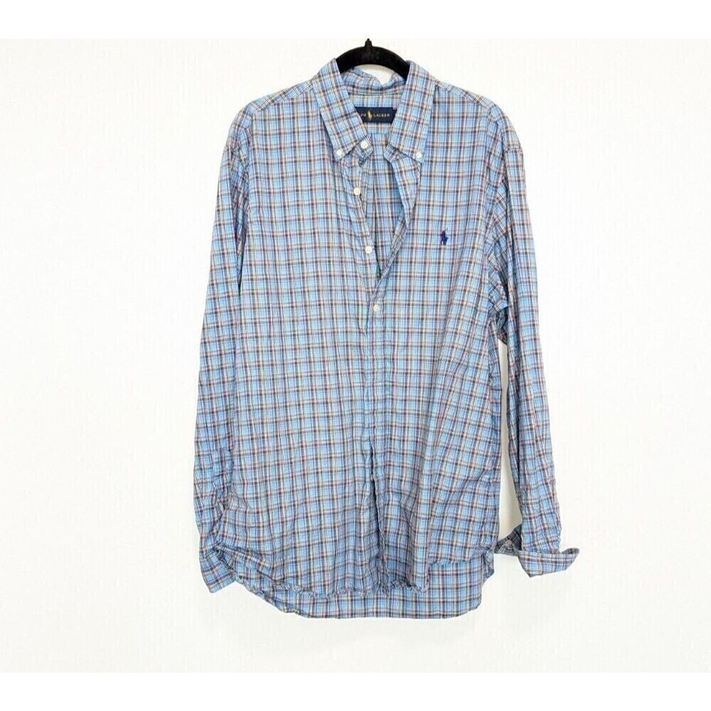 Ralph Lauren Shirt Mens Large‎ Blue Plaid Long Sleeve Button Up Preppy Office